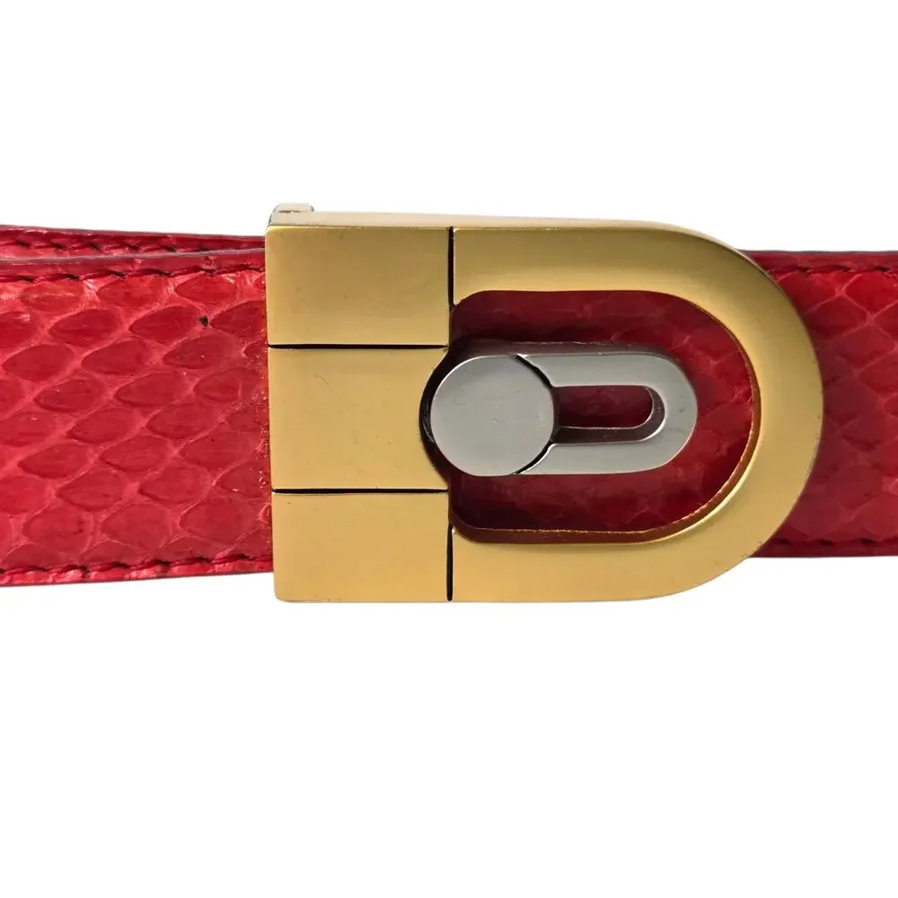 Vintage Womens Red Genuine Snakeskin Belt Gold Metal Buckle Waist Belt 37